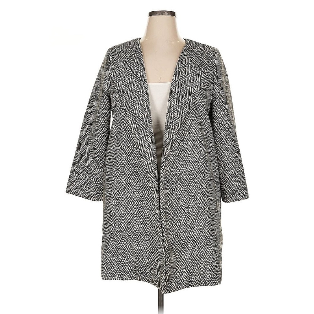 H&M Boho Geo/Chevron/Herringbone Overcoat Jacket | Grey/Cream | Size 6